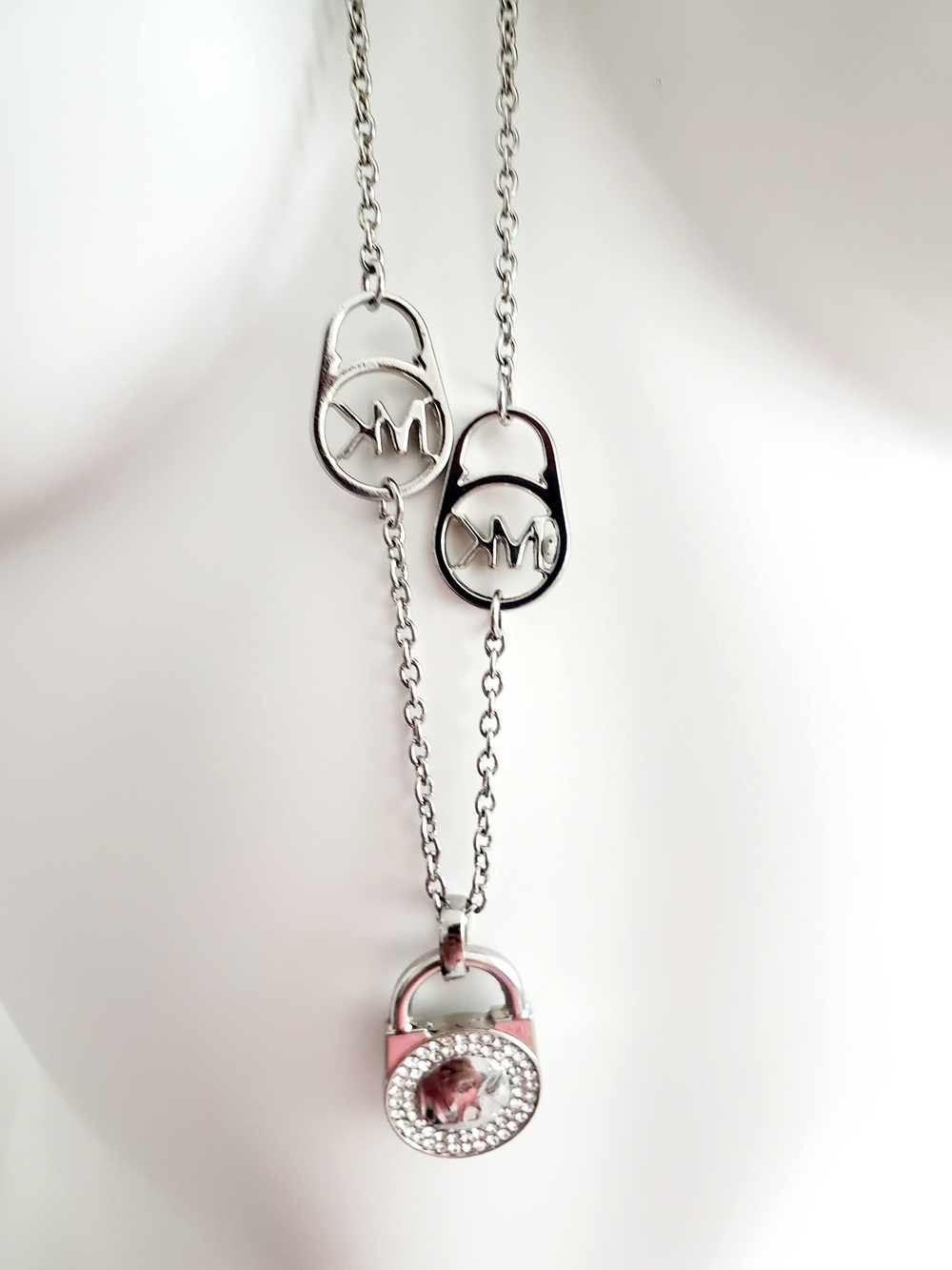Michael Kors Silver-Tone Padlock Pendant Necklace with Red Accent Stone - Picture 3 of 4